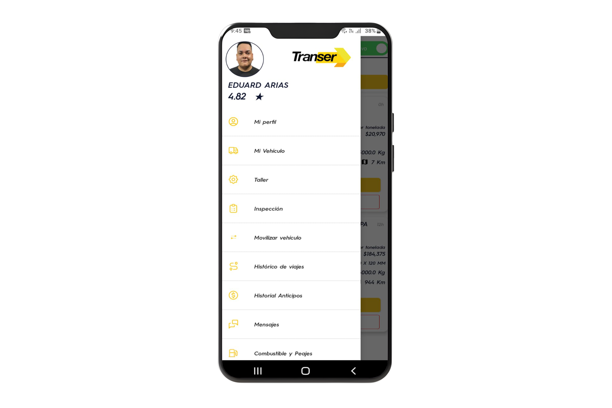 Menú de la app FletX para conductores