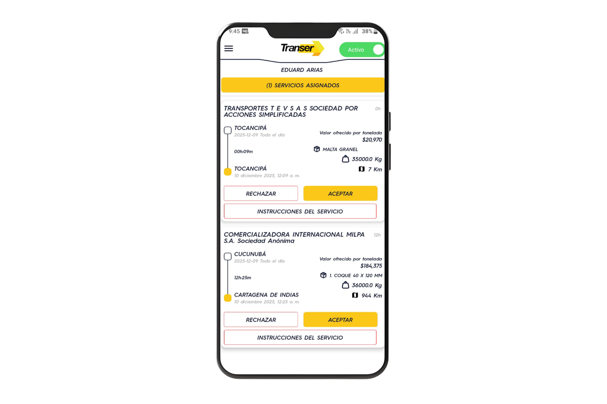 Pantalla de servicios en la app FletX del conductor